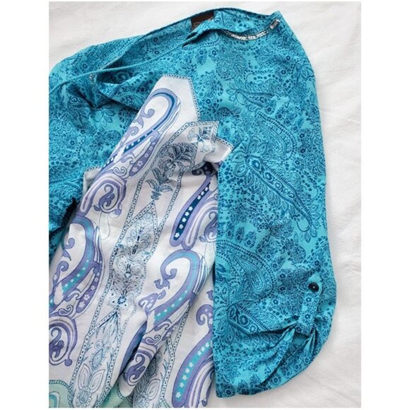 Chicos Lightweight Turquoise 3/4 Sleeve Boho Print Tunic Top Tassels Size M - Picture 4 of 9